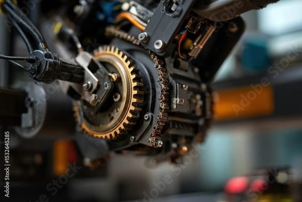 Obraz Detail of a mechanical gear system showcasing precision engineering in a modern robotics workshop