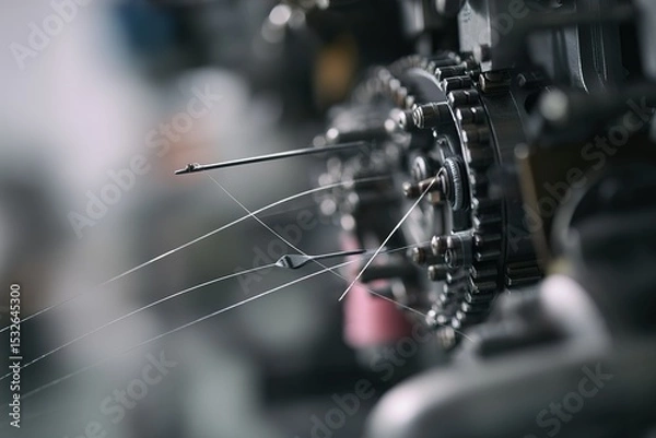 Fototapeta Close-up view of sewing machine components showcasing intricate mechanics and thread tension adjustment in a workshop setting