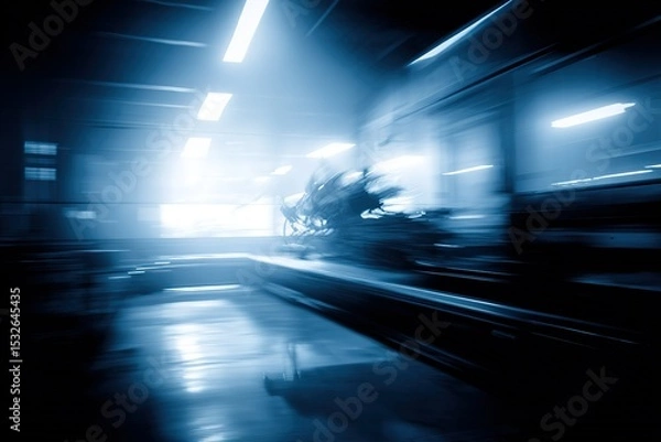 Fototapeta Industrial workspace illuminated by blue light with motion blur and shadows creating a dynamic atmosphere