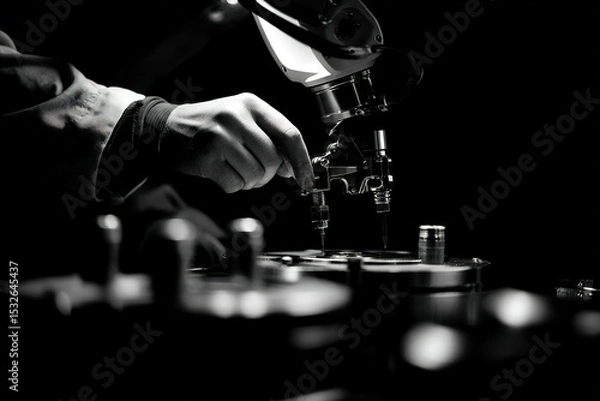 Obraz Hands work with precision on machinery in a dark workshop, showcasing attention to detail and craftsmanship during a technical operation