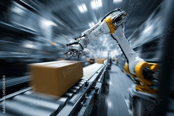 Obraz Advanced robotic arm efficiently assembling packages in a modern warehouse environment during peak operational hours