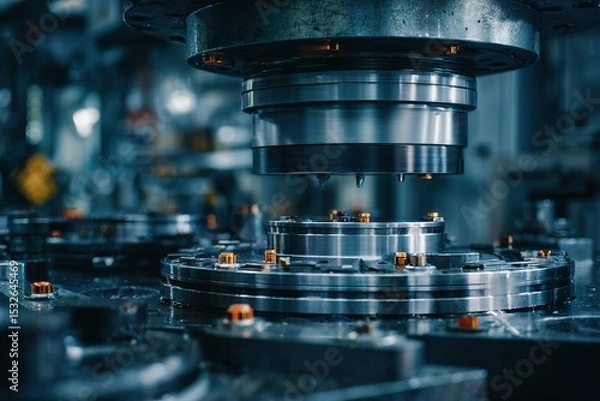 Fototapeta Precision manufacturing process showcases intricate machinery and components in a factory setting during daylight hours