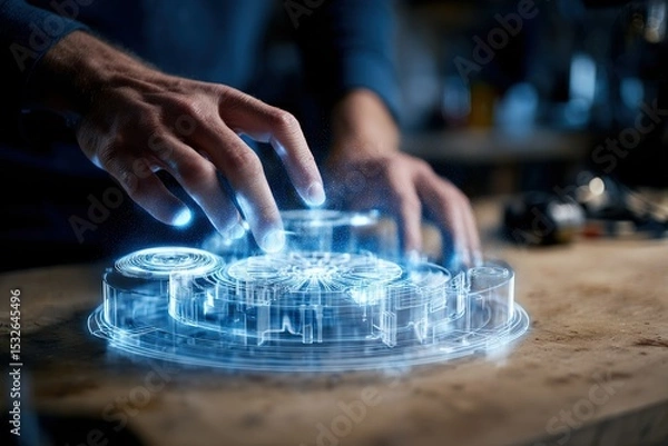 Obraz Innovative digital interface created by hands manipulating holographic technology in a modern workspace