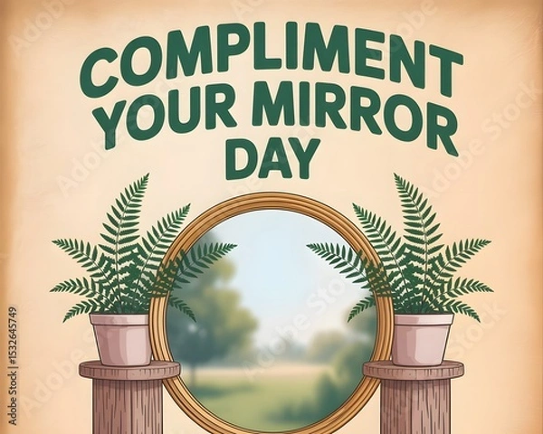Obraz Stylish Gold Mirror with Succulent Plant, Perfect for Compliment Your Mirror Day. 