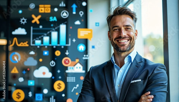 Fototapeta A confident investor standing firmly with a diverse range of investment icons surrounding them.

