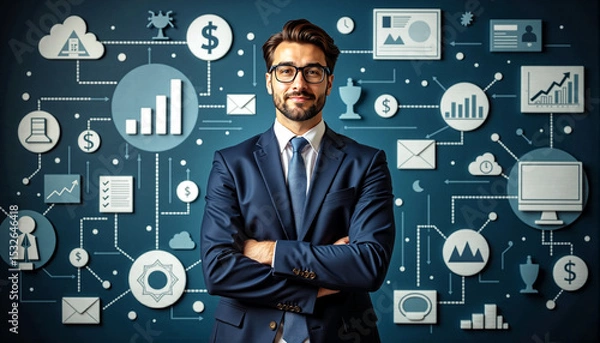 Fototapeta A confident investor standing firmly with a diverse range of investment icons surrounding them.
