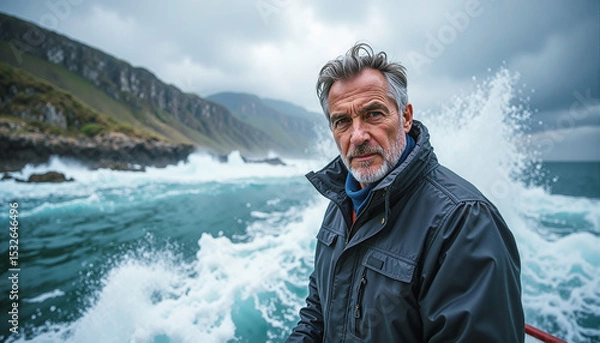 Fototapeta An investor navigating through a stormy market with a steady and calm demeanor, surrounded by stable investments.
