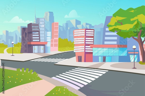 Fototapeta A colorful city landscape illustration featuring modern buildings, a clear sky, and green spaces to create an engaging urban environment.
