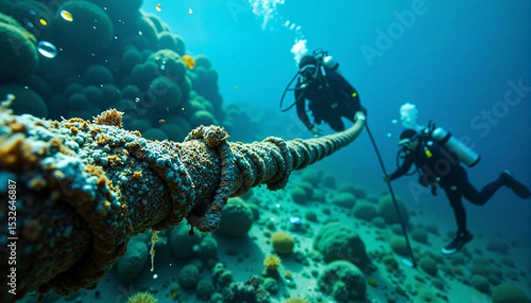 Obraz A close-up of a severed undersea cable being inspected by divers underwater.
