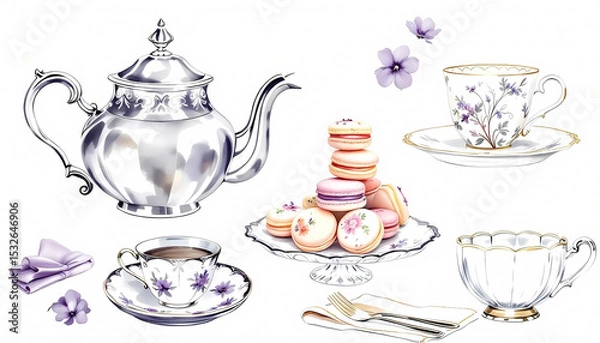 Fototapeta Elegant tea set with lavender accents and macarons for a vintage afternoon tea party.