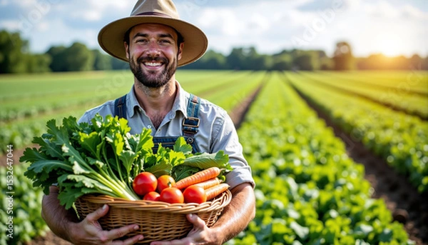 Obraz A farmer holding a basket of fresh vegetables in a field, smiling at the camera.