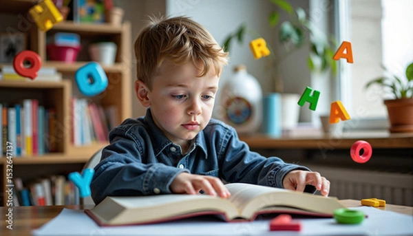 Fototapeta Boy reading a book, alphabet letters floating. Indoors, natural light, focused.
