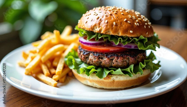 Obraz A delicious vegan burger with fries on a plate.
