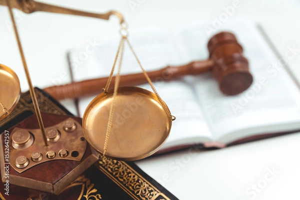 Fototapeta Weight scale and wooden gavel in background