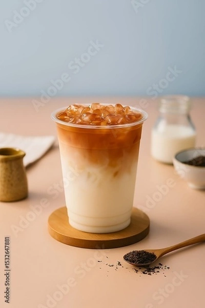 Fototapeta Refreshing Iced Milk Tea with Creamy Layers and Ice Cubes in a Clear Cup on a Soft Pastel Background