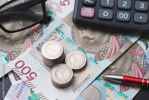 Fototapeta Polish coins stack. PLN currency