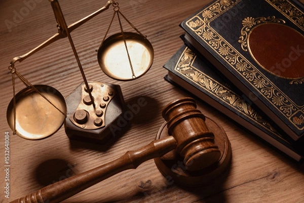 Fototapeta Judge gavel and weight scale on wooden table