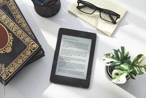Fototapeta E-book reader device in home library