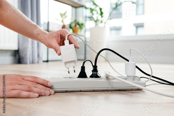 Fototapeta Person is plugging in a device to a power strip
