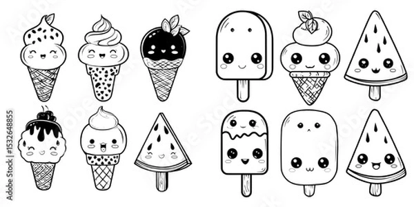 Fototapeta The ice cream black glyph set features chocolate, vanilla, cartoon ice cream cones, fruit, mint, and berry, all in kawaii style, as part of a summer collection of sweet food and splash icons,