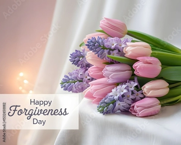 Obraz A close-up of a vibrant bouquet of pink tulips and purple hyacinths arranged on a marble table. Beautiful Pink and Purple Flowers Bouquet for Forgiveness Day.