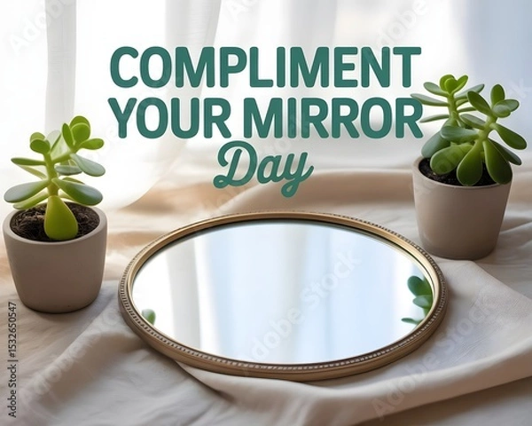 Obraz Stylish Gold Mirror with Succulent Plant, Perfect for Compliment Your Mirror Day. 