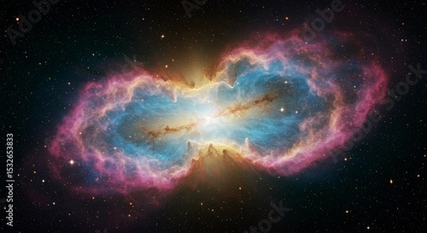 Fototapeta A vibrant, cosmic nebula displays a striking, symmetrical, hourglass shape with glowing gases in pink, blue, and gold hues against a dark, star-studded backdrop