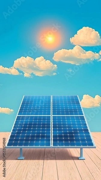 Obraz Flat art of solar panels on a rooftop absorbing sunlight, representing renewable and clean energy. Ideal for eco-friendly, sustainability, and green technology themes.