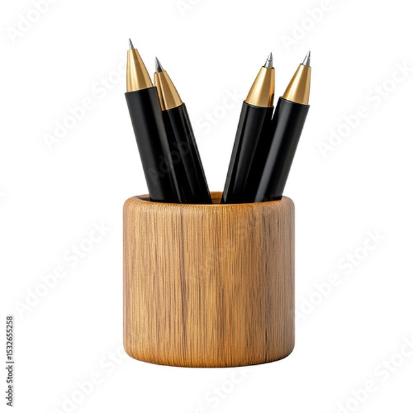 Fototapeta Pen Holder,n A sleek, modern pen holder made of black metal, designed to organize writing instruments on a desk, isolated on transparent background