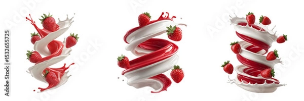 Fototapeta Strawberry juice mixed with white milk in spiral form and whole strawberries in the air on a transparent background