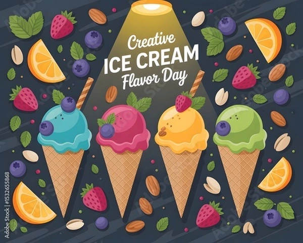 Obraz This vibrant illustration depicts three ice cream cones with different flavors and toppings. Colorful ice cream cones celebrating Creative Ice Cream Flavor Day.