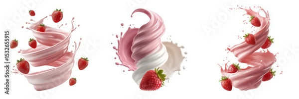 Fototapeta A dynamic swirl of strawberry milk with whole strawberries in the air on a transparent background