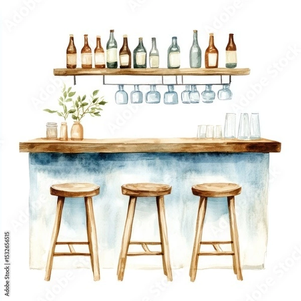 Fototapeta Watercolor illustration bar with bottles, stools, and glasses on display against a white wall