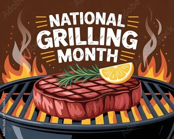 Obraz A vibrant graphic design highlights National Grilling Month, featuring a perfectly grilled steak on a charcoal grill with flames and smoke.