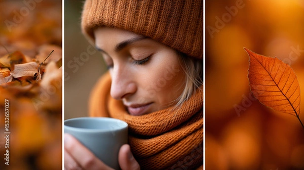 Fototapeta Herbstliche Atmosphäre mit warmem Strickpullover, Kaffeetasse und goldenen Herbstblättern