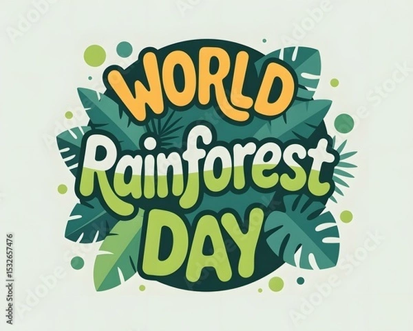 Obraz A circular graphic design showcasing the phrase "World Rain Day" surrounded by various tropical leaves, creating a vibrant and eco-conscious visual.