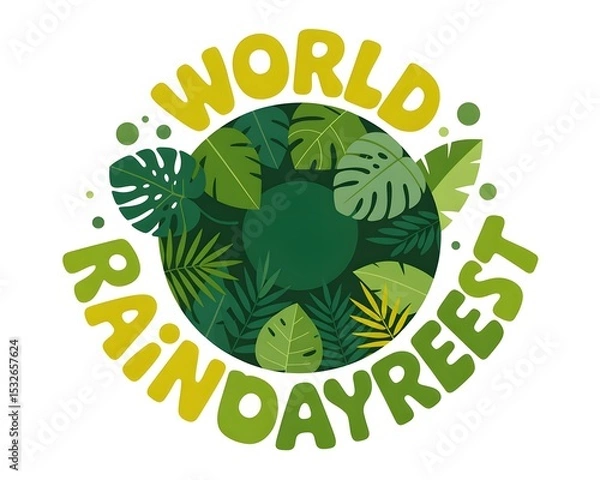 Obraz A circular graphic design showcasing the phrase "World Rain Day" surrounded by various tropical leaves, creating a vibrant and eco-conscious visual.
