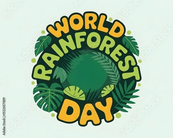 Obraz A circular graphic design showcasing the phrase "World Rain Day" surrounded by various tropical leaves, creating a vibrant and eco-conscious visual.