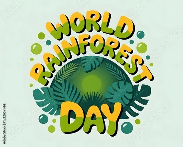 Obraz A circular graphic design showcasing the phrase "World Rain Day" surrounded by various tropical leaves, creating a vibrant and eco-conscious visual.