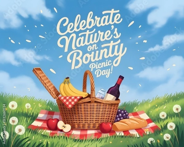 Obraz A vibrant and cheerful illustration of a picnic basket overflowing with food (wine, bananas, grapes, sandwich) set on a checkered tablecloth in a grassy field.