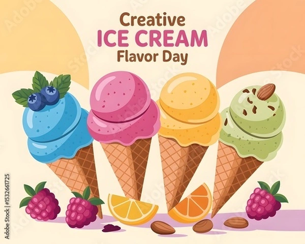 Obraz This vibrant illustration depicts three ice cream cones with different flavors and toppings. Colorful ice cream cones celebrating Creative Ice Cream Flavor Day.