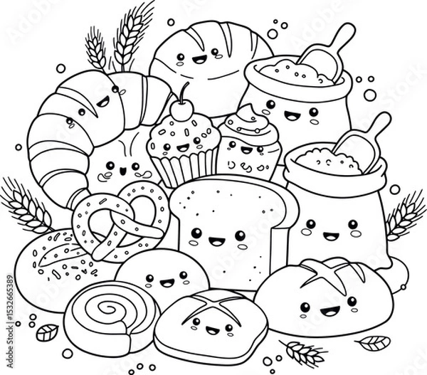 Fototapeta A whimsical coloring page featuring a delightful group of kawaii-style baked goods. Smiling bread, croissants, cupcakes, and flour sacks gather for a cheerful bakery party.
