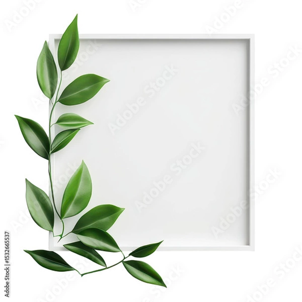 Fototapeta Minimalist Frame, : A green wall features a blank framed poster, vases, a plant, and a hanging light above a wooden sideboard with books and storage, isolated on transparent background