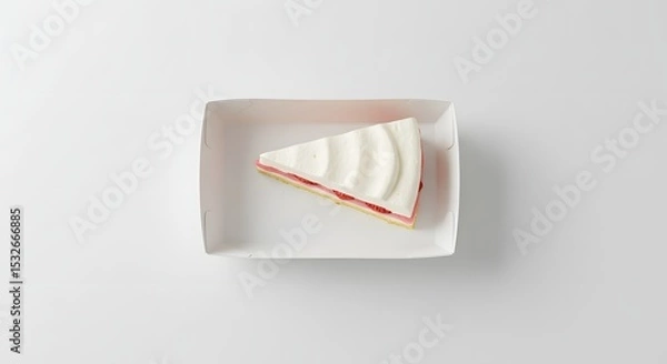 Fototapeta Top view of cake slice in takeaway box with empty label space, isolated on white background, high-resolution mockup