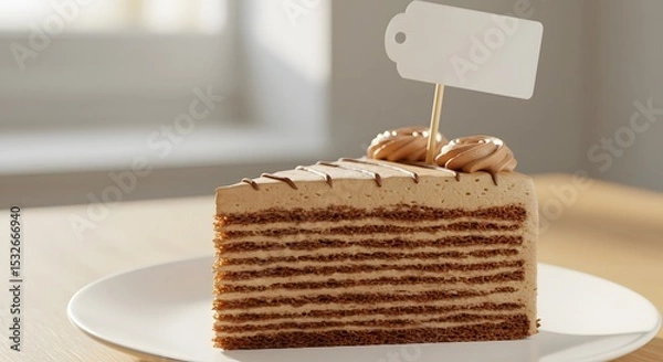 Fototapeta Close-up of cake slice with blank tag for flavor or logo, shallow depth of field, natural lighting