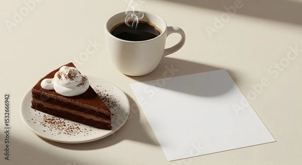 Fototapeta Cake slice and branded napkin mockup on a wooden tray, elegant café scene with space for logo placement