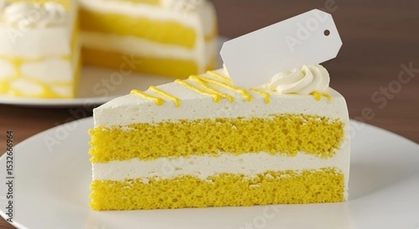Fototapeta Close-up of cake slice with blank tag for flavor or logo, shallow depth of field, natural lighting