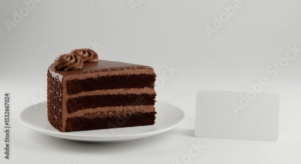 Fototapeta Slice of layered chocolate cake on a plate with empty space for pricing label, product mockup concept