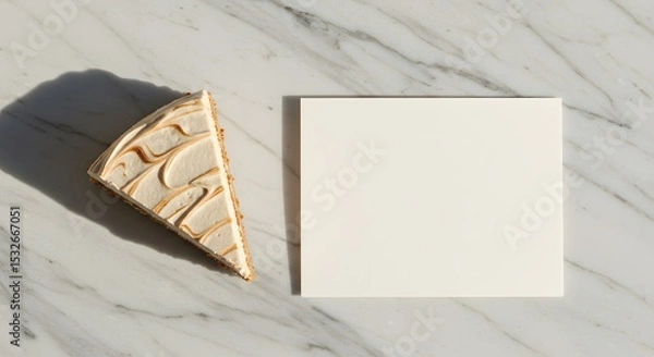 Fototapeta Flat lay of cake slice on marble table with blank thank-you card, elegant branding composition