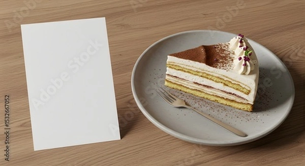 Fototapeta Cake slice on modern ceramic plate with a blank menu card beside it, café branding mockup scene